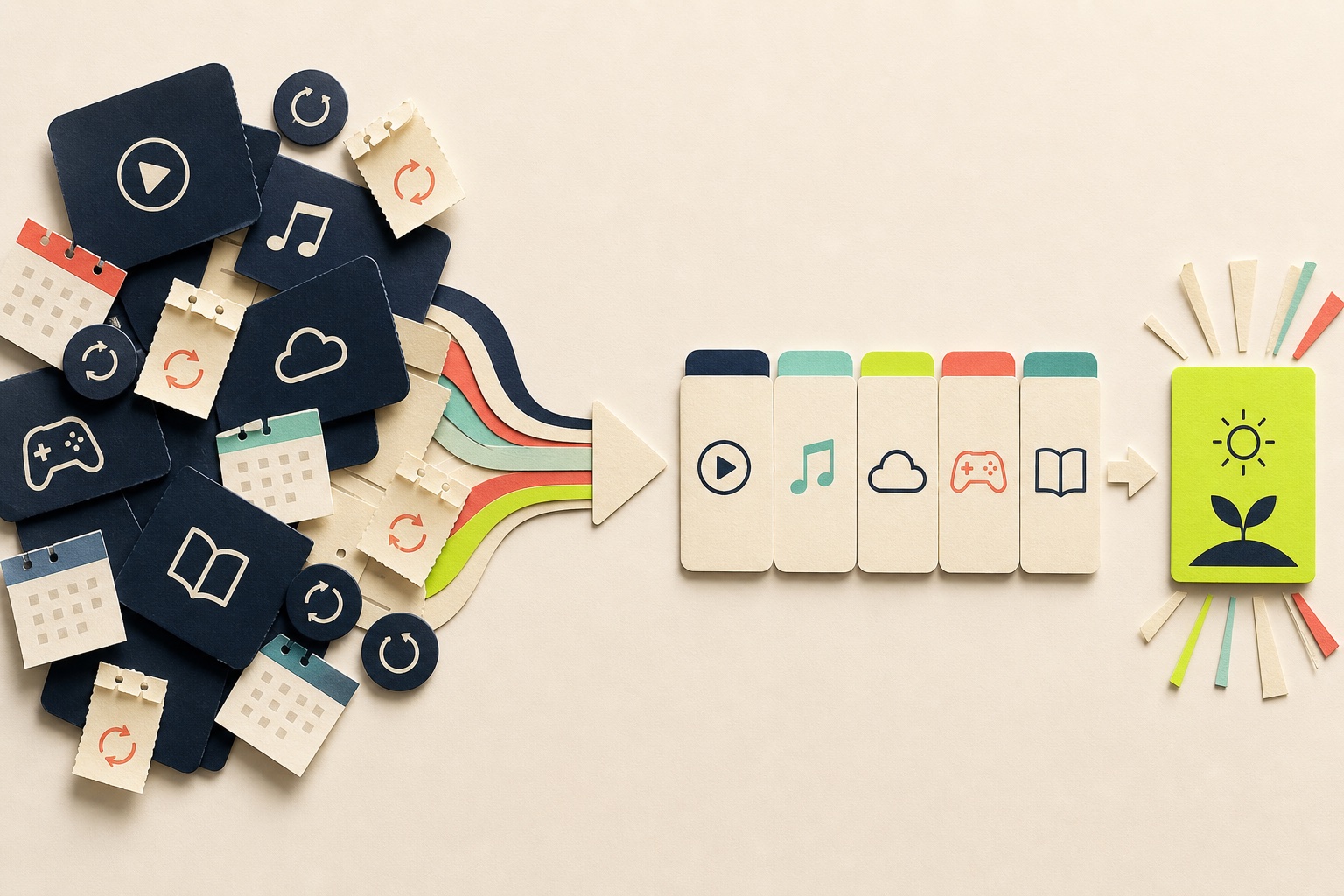 Recurring subscription cards moving from a scattered pile into a clear decision system