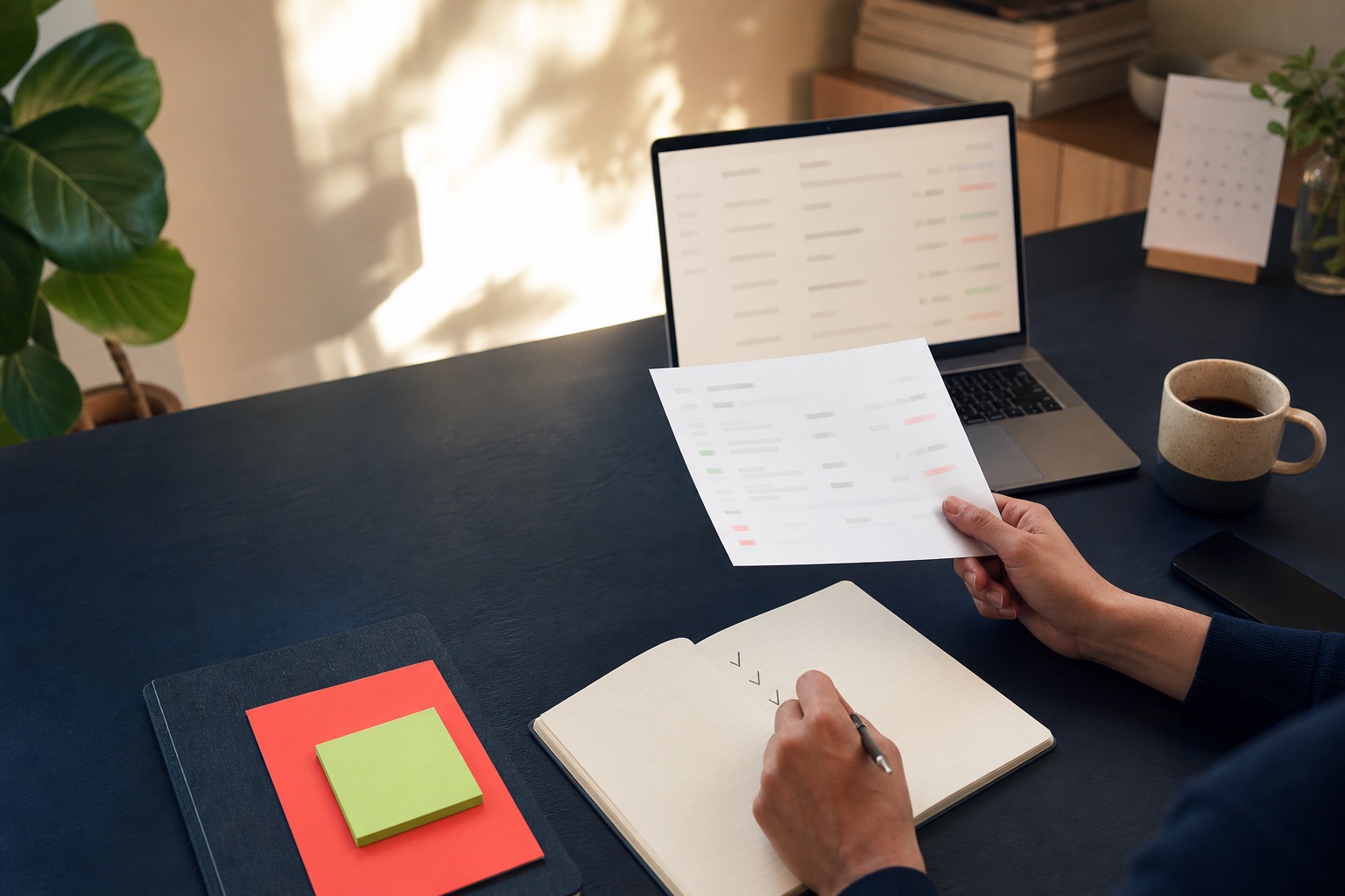 A freelancer reviewing recurring work expenses at a home studio desk
